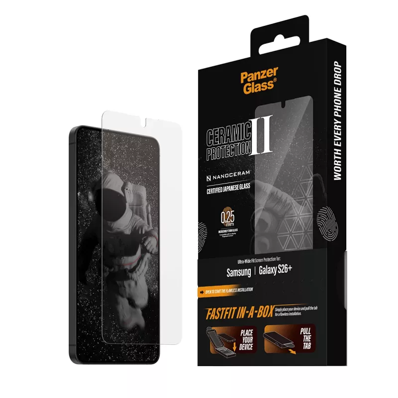 Bildschirmschutz PanzerGlass für Samsung Galaxy S26+ — Ceramic Ultra-Wide Fit, gehärtetes Glas PET, FASTFIT