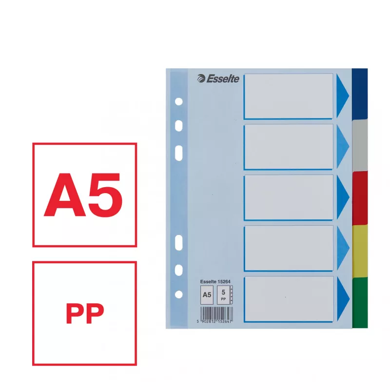 Registerreiter ESSELTE 5-teilig A5 Polypropylen farbig, zum Ablegen und Indizieren