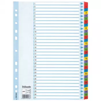 Esselte Index 1-31 Karton Mylar-Laschen A4, Numerischer Tab-Index, Karton, Mehrfarbig, A4, 225 mm, 297 mm