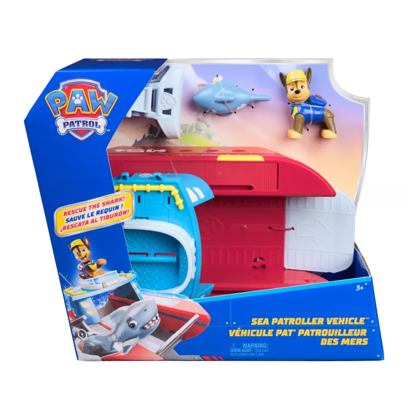 PAW Patrol Sea Patroller Vehicle mit Chase- und Hai-Figur, 2 Patrouillenmodi, Kinderspielzeug für Jungen und Mädchen ab 3 Jahren