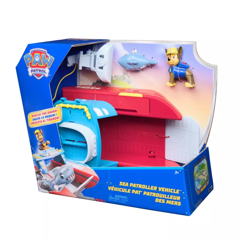 PAW Patrol Sea Patroller Vehicle mit Chase- und Hai-Figur, 2 Patrouillenmodi, Kinderspielzeug für Jungen und Mädchen ab 3 Jahren