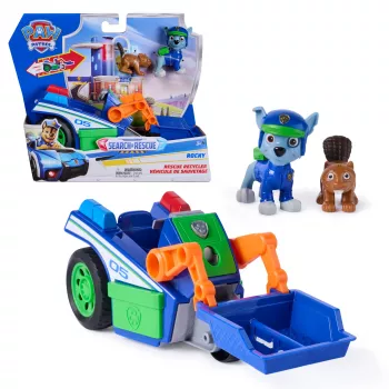 PAW Patrol: Search & Rescue, Rocky Rescue Recycler Fahrzeug mit 2 Figuren, Spielzeugauto mit Rückzieh-Action, Kinderspielzeug für Jungen und Mädchen ab 3 Jahren
