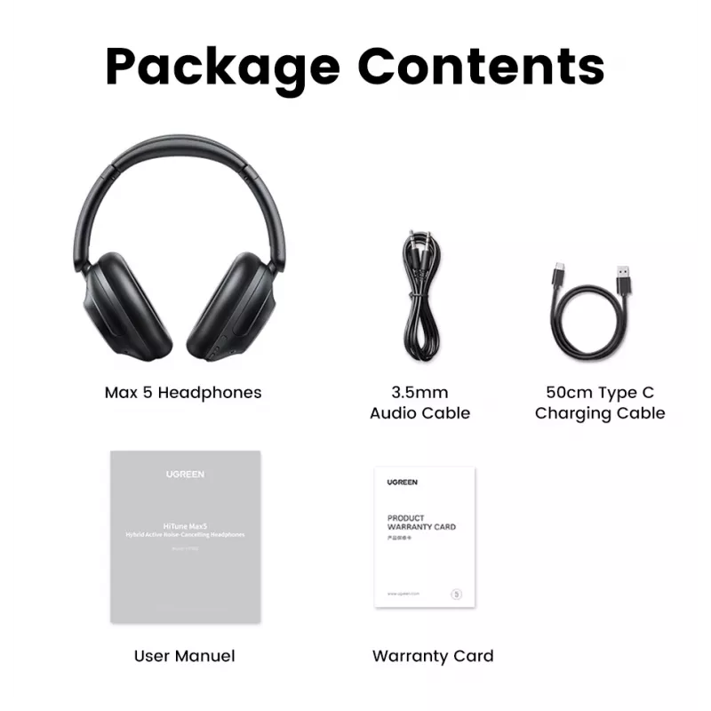 Ugreen HiTune Max5 Headset Kabelgebunden & Kabellos Head-band Anrufe/Musik Bluetooth Schwarz