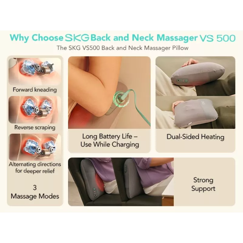 SKG VS500 Massagekissen – Knetmassage, batteriebetrieben 10 W, integrierter Akku, Grau