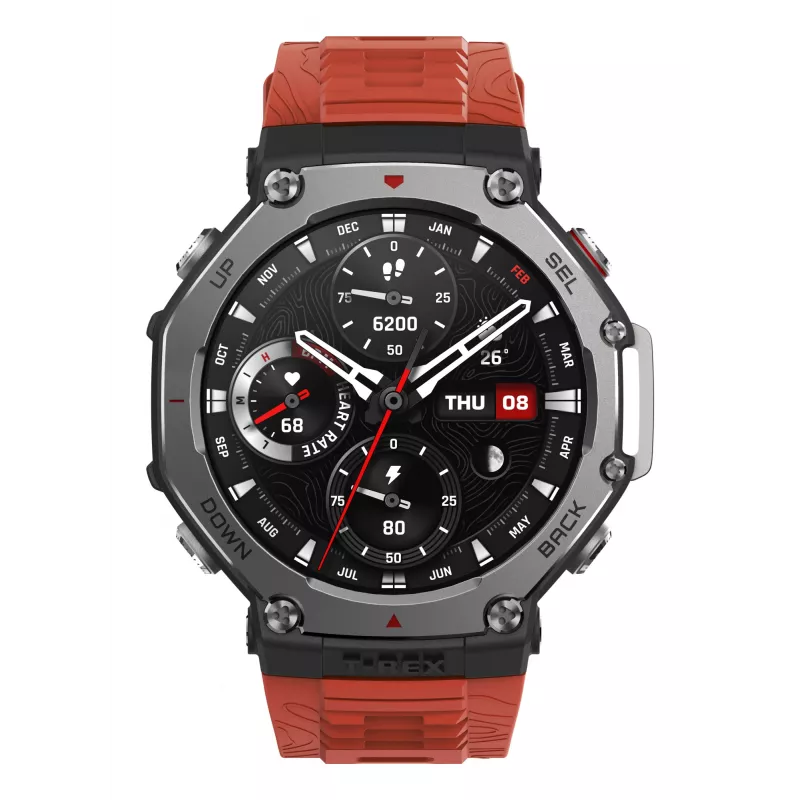 Amazfit T-Rex 3 Lava 3,81 cm (1,5 Zoll) AMOLED 48,5 mm Digital 480 x 480 Pixel Touchscreen Schwarz, Edelstahl GPS (Satellit)