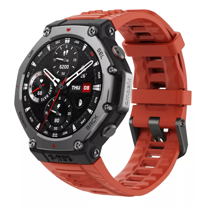 Amazfit T-Rex 3 Lava 3,81 cm (1,5 Zoll) AMOLED 48,5 mm Digital 480 x 480 Pixel Touchscreen Schwarz, Edelstahl GPS (Satellit)