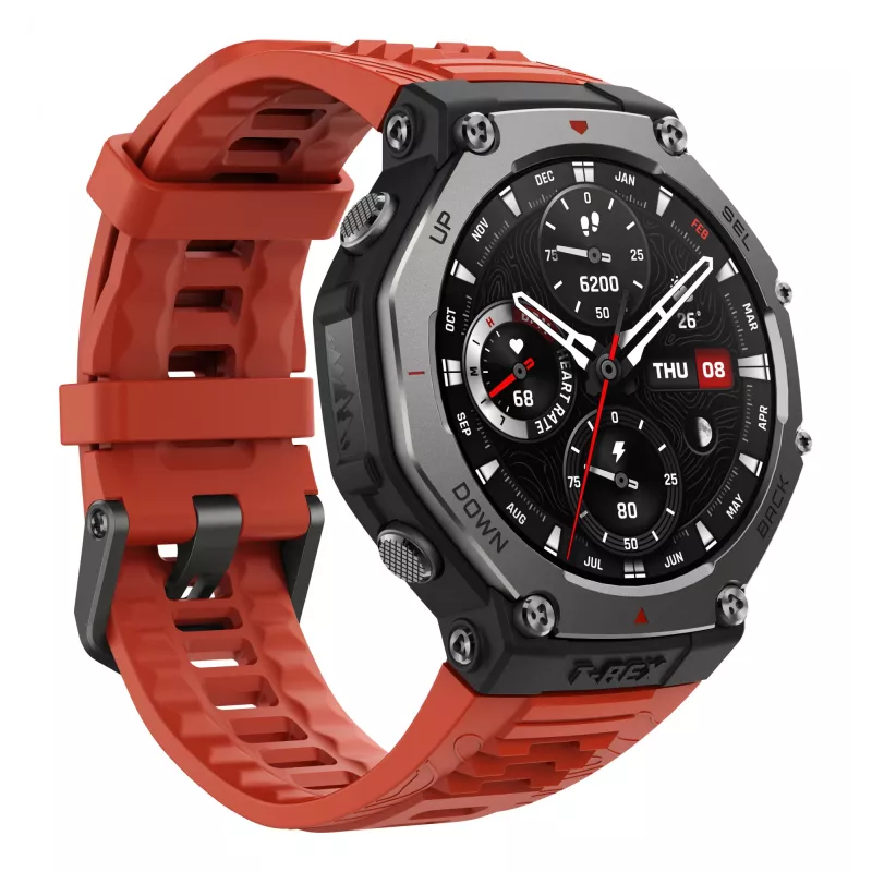 Amazfit T-Rex 3 Lava 3,81 cm (1,5 Zoll) AMOLED 48,5 mm Digital 480 x 480 Pixel Touchscreen Schwarz, Edelstahl GPS (Satellit)