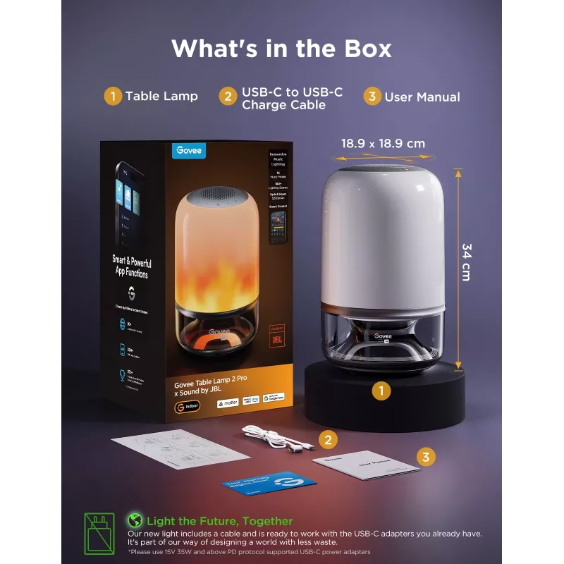 Tischlampe Govee H6020 Table Lamp 2 Pro Sound by JBL — RGBIC + Warmweiß, 600 lm, Wi‑Fi & Bluetooth, 5200 mAh