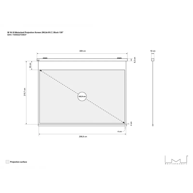 Motorisierte Projektionsleinwand MULTIBRACKETS M 16:10 135 Zoll — matte weiße Oberfläche, sichtbare Breite 2,91 m, motorisierter Antrieb