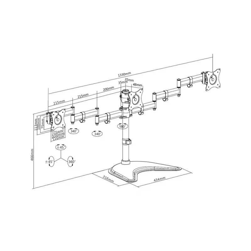 Monitor-Tischständer MULTIBRACKETS M Deskstand Basic Triple — 3-fach, VESA 75x75–100x100, unterstützt bis zu 24 kg, für 15-Zoll- bis 27-Zoll-Bildschirme, schwarz
