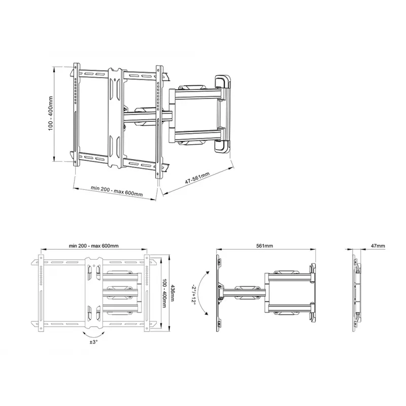TV-Wandhalterung Multibrackets M Universal Flexarm Pro Single Schwarz — 40 kg, VESA 200x200–600x400, 40 Zoll–70 Zoll