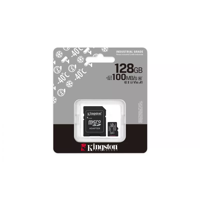 MicroSDXC-Flashkarte Kingston 128 GB Industrial C10 A1 pSLC UHS-I, 100 MB/s Lesen, 80 MB/s Schreiben, V30/U3, Schwarz + SD-Adapter