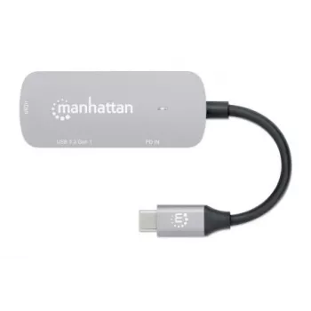 Manhattan USB-C Dock/Hub, Ports (x3): HDMI, USB-A und USB-C, mit Power Delivery (PD) 100 W – benötigt externes USB-C-Ladegerät (nicht im Lieferumfang). USB-gespeist (kein externes Netzteil erforderlich), wenn PD nicht verwendet wird, Aluminium