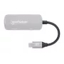 Manhattan USB-C Dock/Hub, Ports (x3): HDMI, USB-A und USB-C, mit Power Delivery (PD) 100 W – benötigt externes USB-C-Ladegerät (nicht im Lieferumfang). USB-gespeist (kein externes Netzteil erforderlich), wenn PD nicht verwendet wird, Aluminium