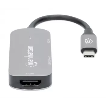 Manhattan USB-C Dock/Hub, Ports (x3): HDMI, USB-A und USB-C, mit Power Delivery (PD) 100 W – benötigt externes USB-C-Ladegerät (nicht im Lieferumfang). USB-gespeist (kein externes Netzteil erforderlich), wenn PD nicht verwendet wird, Aluminium
