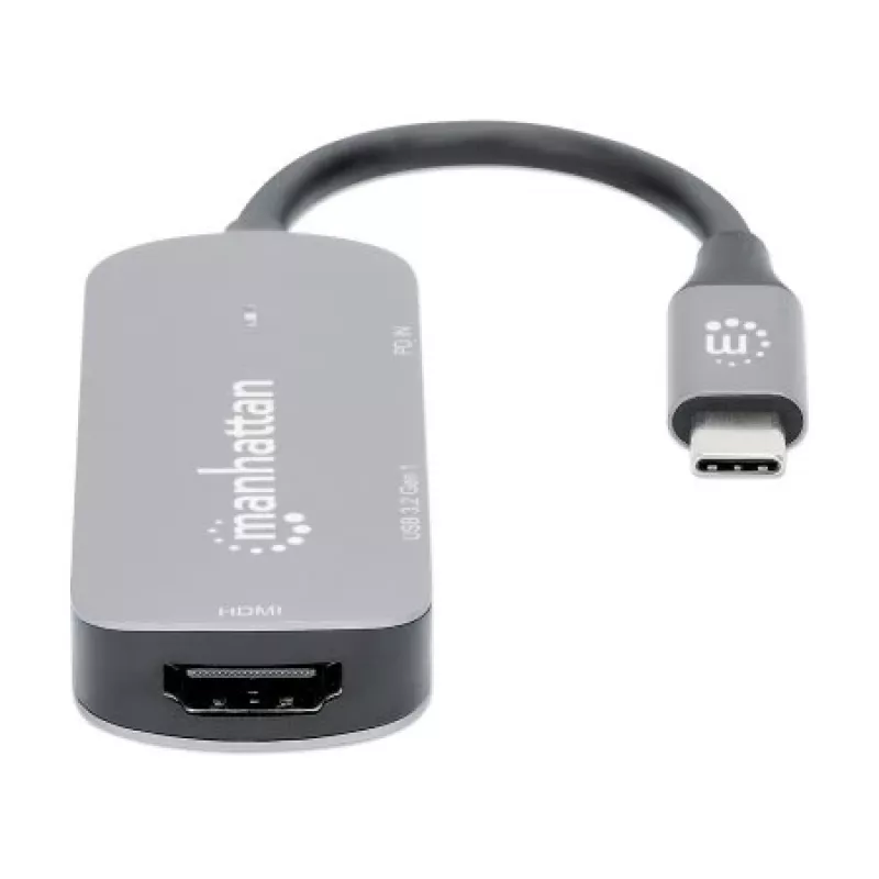 Manhattan USB-C Dock/Hub, Ports (x3): HDMI, USB-A und USB-C, mit Power Delivery (PD) 100 W – benötigt externes USB-C-Ladegerät (nicht im Lieferumfang). USB-gespeist (kein externes Netzteil erforderlich), wenn PD nicht verwendet wird, Aluminium
