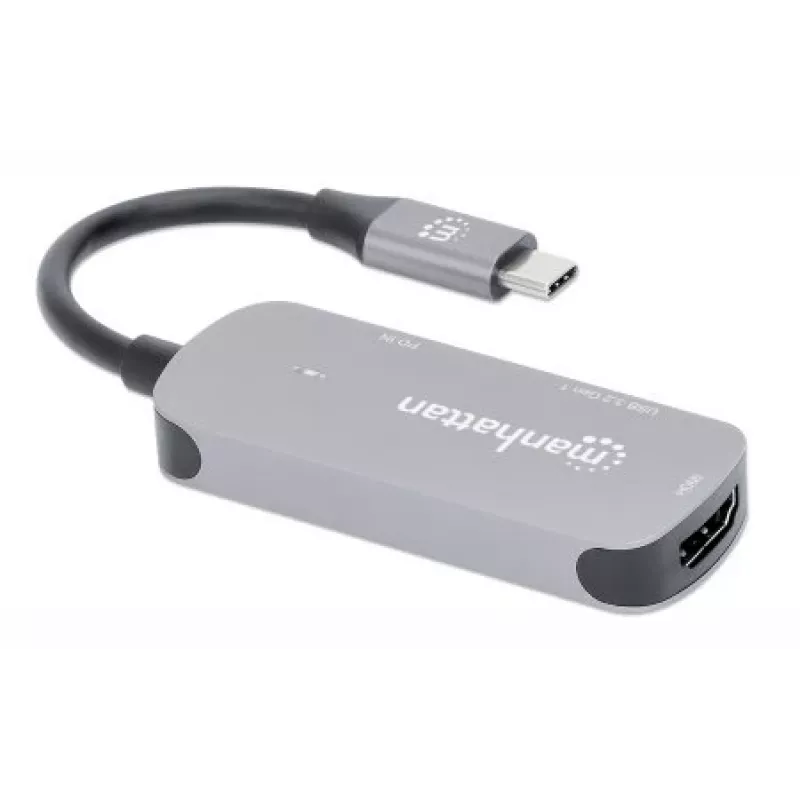 Manhattan USB-C Dock/Hub, Ports (x3): HDMI, USB-A und USB-C, mit Power Delivery (PD) 100 W – benötigt externes USB-C-Ladegerät (nicht im Lieferumfang). USB-gespeist (kein externes Netzteil erforderlich), wenn PD nicht verwendet wird, Aluminium