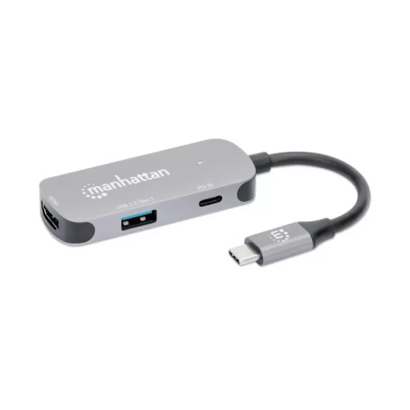 Manhattan USB-C Dock/Hub, Ports (x3): HDMI, USB-A und USB-C, mit Power Delivery (PD) 100 W – benötigt externes USB-C-Ladegerät (nicht im Lieferumfang). USB-gespeist (kein externes Netzteil erforderlich), wenn PD nicht verwendet wird, Aluminium