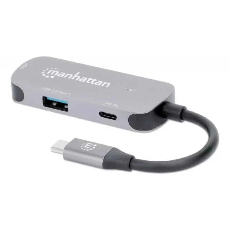 Manhattan USB-C Dock/Hub, Ports (x3): HDMI, USB-A und USB-C, mit Power Delivery (PD) 100 W – benötigt externes USB-C-Ladegerät (nicht im Lieferumfang). USB-gespeist (kein externes Netzteil erforderlich), wenn PD nicht verwendet wird, Aluminium