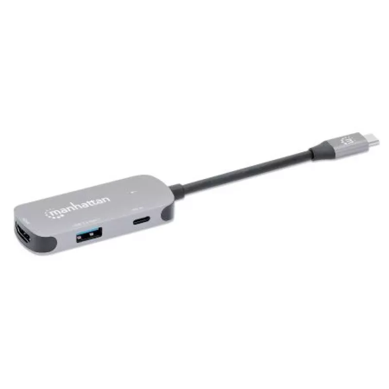 Manhattan USB-C Dock/Hub, Ports (x3): HDMI, USB-A und USB-C, mit Power Delivery (PD) 100 W – benötigt externes USB-C-Ladegerät (nicht im Lieferumfang). USB-gespeist (kein externes Netzteil erforderlich), wenn PD nicht verwendet wird, Aluminium