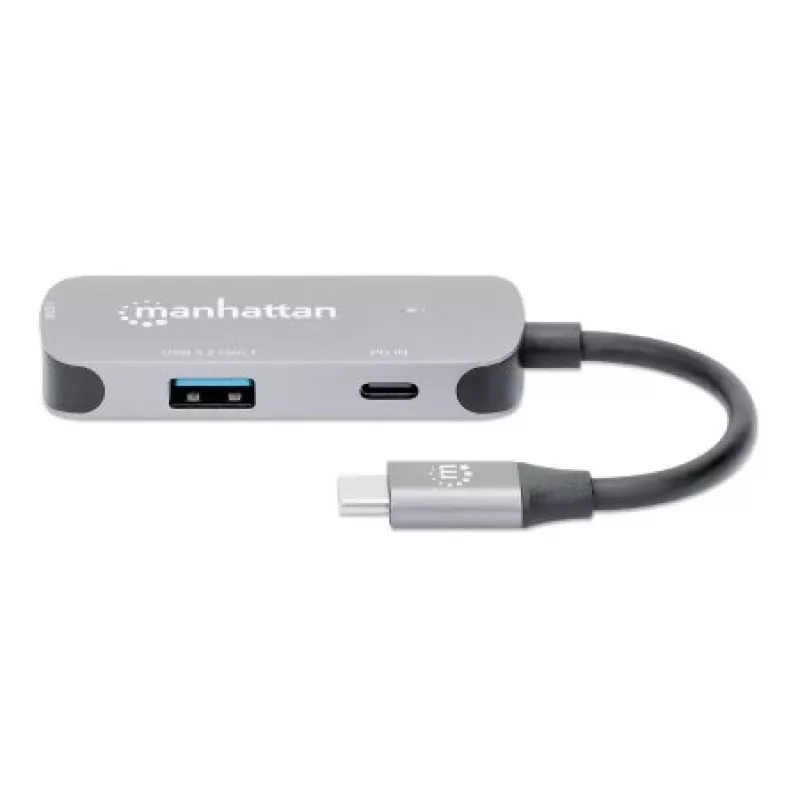 Manhattan USB-C Dock/Hub, Ports (x3): HDMI, USB-A und USB-C, mit Power Delivery (PD) 100 W – benötigt externes USB-C-Ladegerät (nicht im Lieferumfang). USB-gespeist (kein externes Netzteil erforderlich), wenn PD nicht verwendet wird, Aluminium
