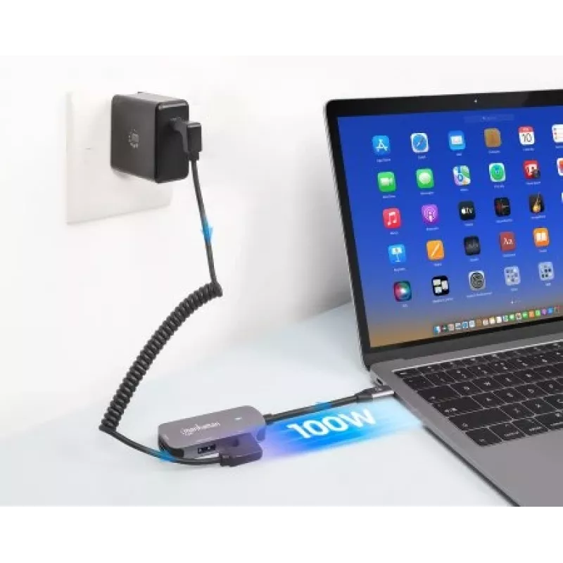 Manhattan USB-C Dock/Hub, Ports (x3): HDMI, USB-A und USB-C, mit Power Delivery (PD) 100 W – benötigt externes USB-C-Ladegerät (nicht im Lieferumfang). USB-gespeist (kein externes Netzteil erforderlich), wenn PD nicht verwendet wird, Aluminium