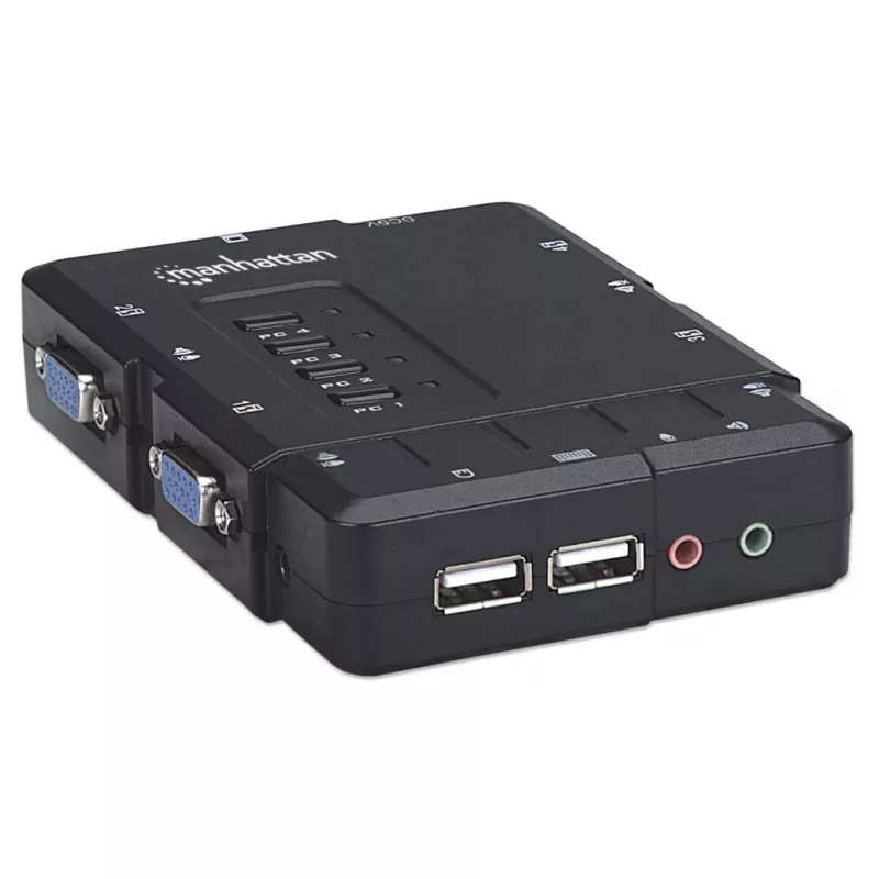 Manhattan KVM-Switch Kompakt 4-Port, 4x USB-A, Kabel im Lieferumfang, Audio-Unterstützung, Steuern Sie 4 Computer über einen PC/Maus/Bildschirm, Schwarz, Lebenslange Garantie, Verpackt