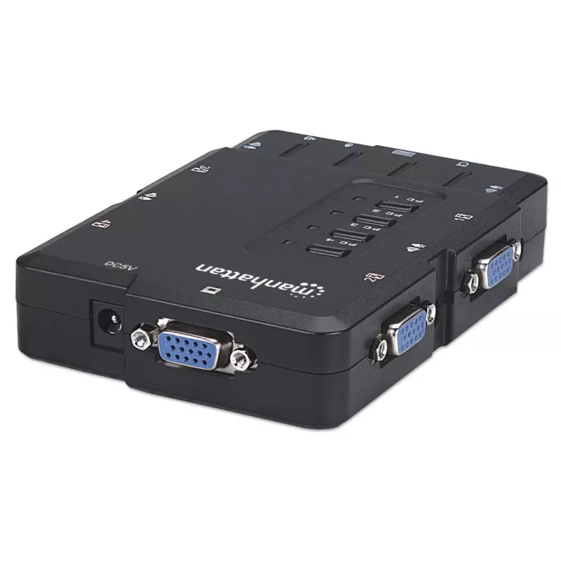 Manhattan KVM-Switch Kompakt 4-Port, 4x USB-A, Kabel im Lieferumfang, Audio-Unterstützung, Steuern Sie 4 Computer über einen PC/Maus/Bildschirm, Schwarz, Lebenslange Garantie, Verpackt