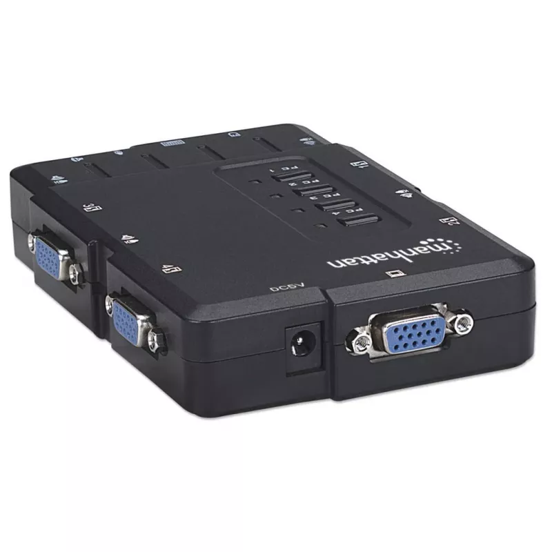 Manhattan KVM-Switch Kompakt 4-Port, 4x USB-A, Kabel im Lieferumfang, Audio-Unterstützung, Steuern Sie 4 Computer über einen PC/Maus/Bildschirm, Schwarz, Lebenslange Garantie, Verpackt