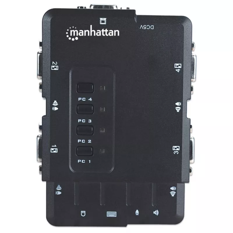 Manhattan KVM-Switch Kompakt 4-Port, 4x USB-A, Kabel im Lieferumfang, Audio-Unterstützung, Steuern Sie 4 Computer über einen PC/Maus/Bildschirm, Schwarz, Lebenslange Garantie, Verpackt