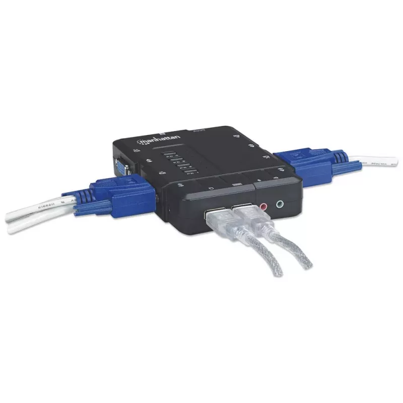 Manhattan KVM-Switch Kompakt 4-Port, 4x USB-A, Kabel im Lieferumfang, Audio-Unterstützung, Steuern Sie 4 Computer über einen PC/Maus/Bildschirm, Schwarz, Lebenslange Garantie, Verpackt