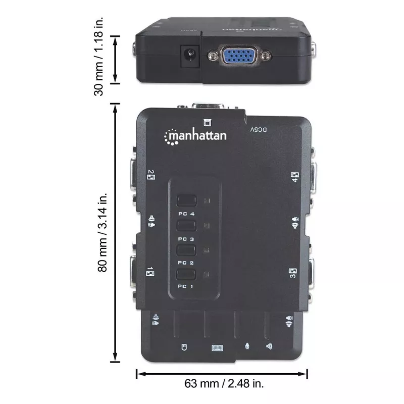 Manhattan KVM-Switch Kompakt 4-Port, 4x USB-A, Kabel im Lieferumfang, Audio-Unterstützung, Steuern Sie 4 Computer über einen PC/Maus/Bildschirm, Schwarz, Lebenslange Garantie, Verpackt