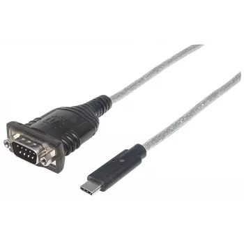 Manhattan USB-C-zu-Seriell-Konverter, Stecker auf Stecker, USB-C auf Seriell/RS232/COM/DB9-Anschluss, Prolific PL-2303RA-Chipsatz, Kabel 45 cm, Silber/Schwarz, Polybeutel