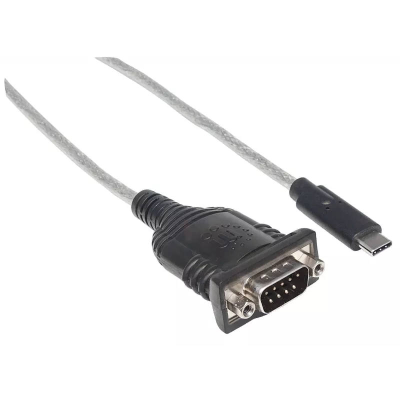 Manhattan USB-C-zu-Seriell-Konverter, Stecker auf Stecker, USB-C auf Seriell/RS232/COM/DB9-Anschluss, Prolific PL-2303RA-Chipsatz, Kabel 45 cm, Silber/Schwarz, Polybeutel