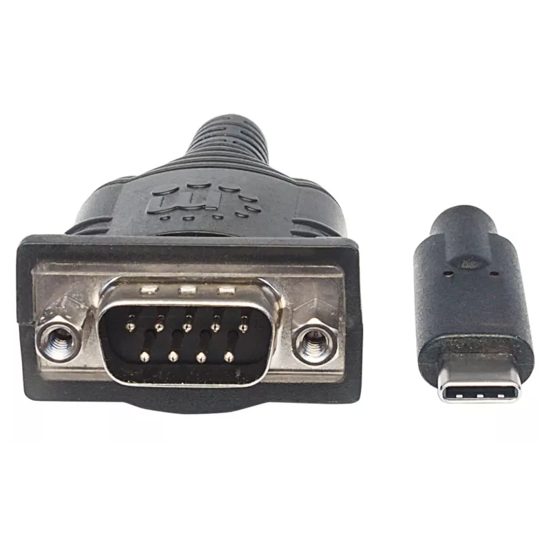 Manhattan USB-C-zu-Seriell-Konverter, Stecker auf Stecker, USB-C auf Seriell/RS232/COM/DB9-Anschluss, Prolific PL-2303RA-Chipsatz, Kabel 45 cm, Silber/Schwarz, Polybeutel