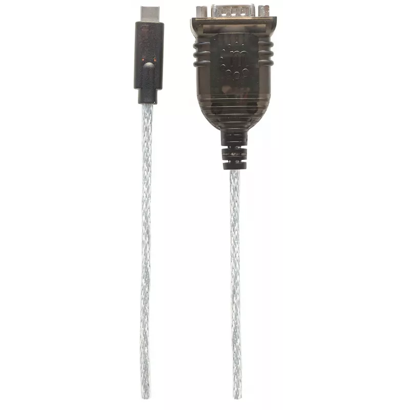 Manhattan USB-C-zu-Seriell-Konverter, Stecker auf Stecker, USB-C auf Seriell/RS232/COM/DB9-Anschluss, Prolific PL-2303RA-Chipsatz, Kabel 45 cm, Silber/Schwarz, Polybeutel