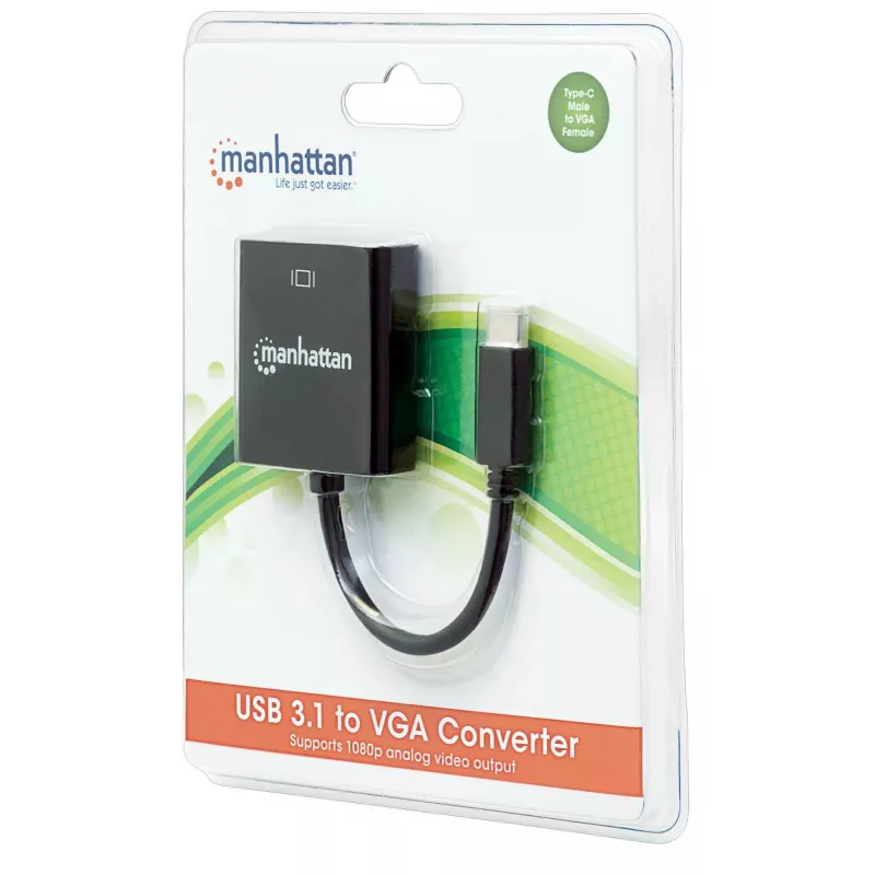 Manhattan USB-C zu VGA Konverterkabel, 1080p@60Hz, Schwarz, 8cm, Stecker auf Buchse, Lebenslange Garantie, Entspricht CDP2HD
