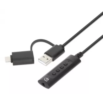 Manhattan USB-C & USB-A auf 3,5 mm Stereo-Audio-Aux-Adapterkabel, 2-in-1, Stecker auf Buchse, Kabel 1 m, unterstützt Mikrofon- und Audiofunktion eines Headsets, CTIA-Standard, Lautstärke- und Stummschaltsteuerung, Schwarz