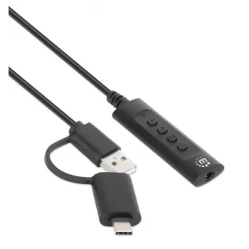 Manhattan USB-C & USB-A auf 3,5 mm Stereo-Audio-Aux-Adapterkabel, 2-in-1, Stecker auf Buchse, Kabel 1 m, unterstützt Mikrofon- und Audiofunktion eines Headsets, CTIA-Standard, Lautstärke- und Stummschaltsteuerung, Schwarz