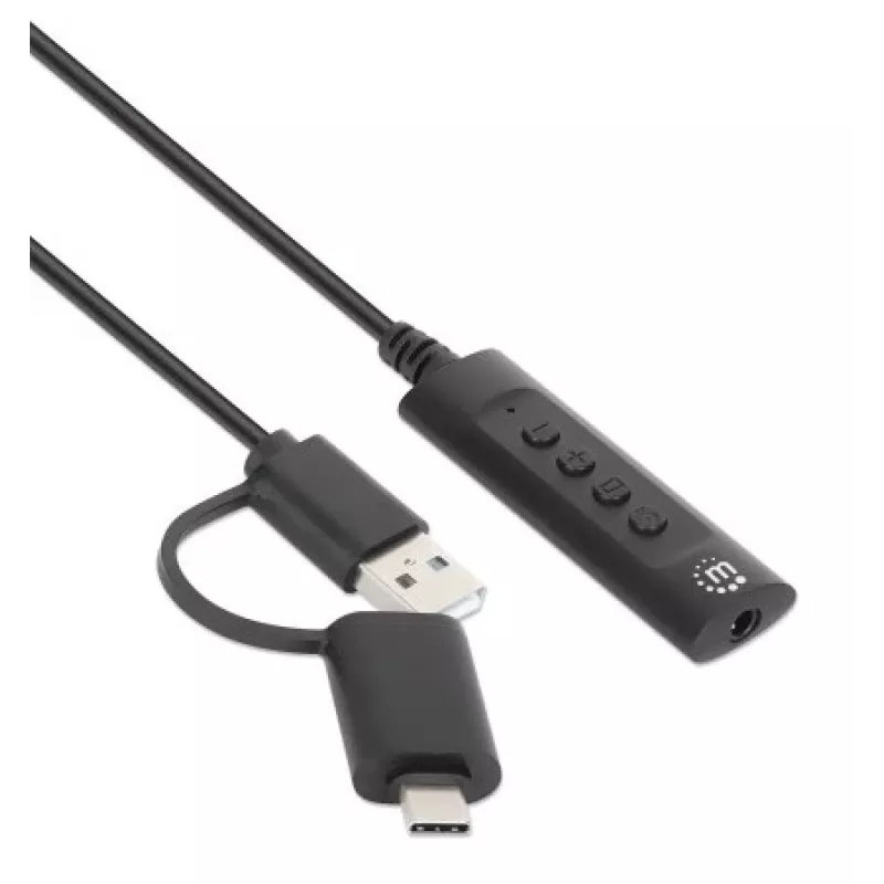 Manhattan USB-C & USB-A auf 3,5 mm Stereo-Audio-Aux-Adapterkabel, 2-in-1, Stecker auf Buchse, Kabel 1 m, unterstützt Mikrofon- und Audiofunktion eines Headsets, CTIA-Standard, Lautstärke- und Stummschaltsteuerung, Schwarz