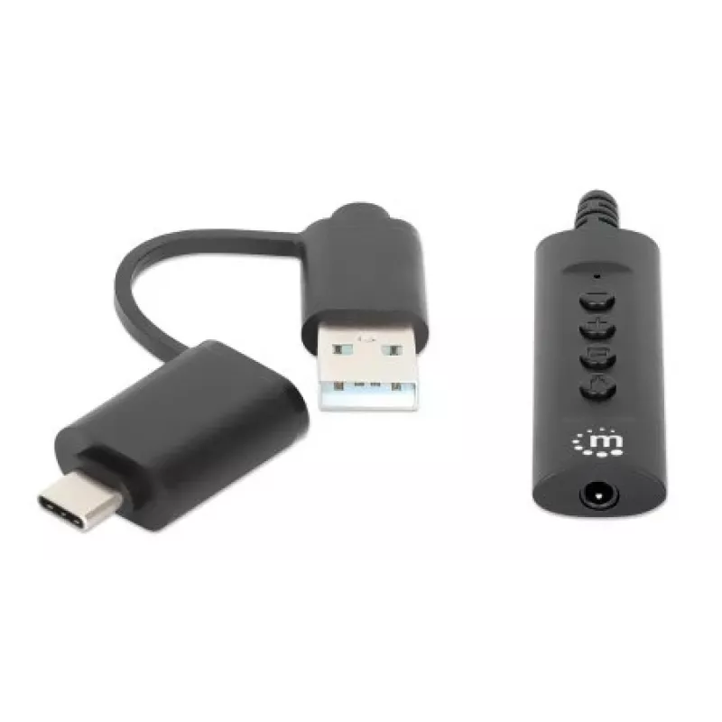 Manhattan USB-C & USB-A auf 3,5 mm Stereo-Audio-Aux-Adapterkabel, 2-in-1, Stecker auf Buchse, Kabel 1 m, unterstützt Mikrofon- und Audiofunktion eines Headsets, CTIA-Standard, Lautstärke- und Stummschaltsteuerung, Schwarz