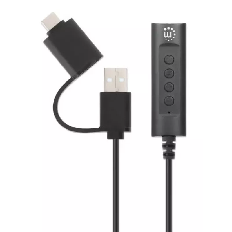 Manhattan USB-C & USB-A auf 3,5 mm Stereo-Audio-Aux-Adapterkabel, 2-in-1, Stecker auf Buchse, Kabel 1 m, unterstützt Mikrofon- und Audiofunktion eines Headsets, CTIA-Standard, Lautstärke- und Stummschaltsteuerung, Schwarz