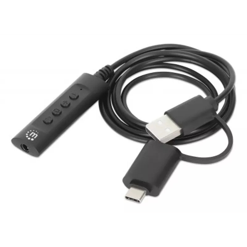 Manhattan USB-C & USB-A auf 3,5 mm Stereo-Audio-Aux-Adapterkabel, 2-in-1, Stecker auf Buchse, Kabel 1 m, unterstützt Mikrofon- und Audiofunktion eines Headsets, CTIA-Standard, Lautstärke- und Stummschaltsteuerung, Schwarz