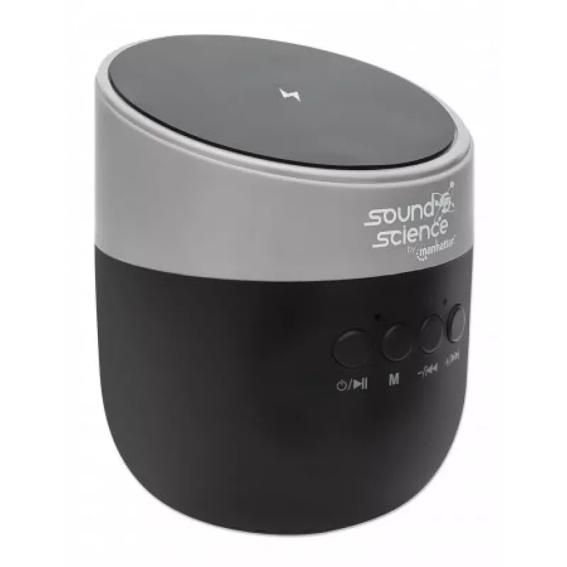 Manhattan Metallic Bluetooth-Lautsprecher mit kabelloser Ladestation, ordentliche Klangausgabe (3 W), 3 Stunden Wiedergabezeit, kabellose Ladestation 5 W, integrierte Bedienelemente, Reichweite 10 m, microSD-Kartenleser, USB-A-Ladekabel inklusive, Bluetooth 5.0, 3 Jahre Garantie