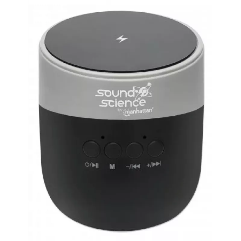 Manhattan Metallic Bluetooth-Lautsprecher mit kabelloser Ladestation, ordentliche Klangausgabe (3 W), 3 Stunden Wiedergabezeit, kabellose Ladestation 5 W, integrierte Bedienelemente, Reichweite 10 m, microSD-Kartenleser, USB-A-Ladekabel inklusive, Bluetooth 5.0, 3 Jahre Garantie