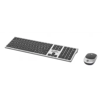 Manhattan Einzelner USB-A-Nano-Empfänger für beides, drahtlose Full-Size-Tastatur, beidhändige optische Maus mit drei Tasten und Scrollrad, 1200 dpi, Silber/Schwarz