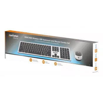 Manhattan Einzelner USB-A-Nano-Empfänger für beides, drahtlose Full-Size-Tastatur, beidhändige optische Maus mit drei Tasten und Scrollrad, 1200 dpi, Silber/Schwarz