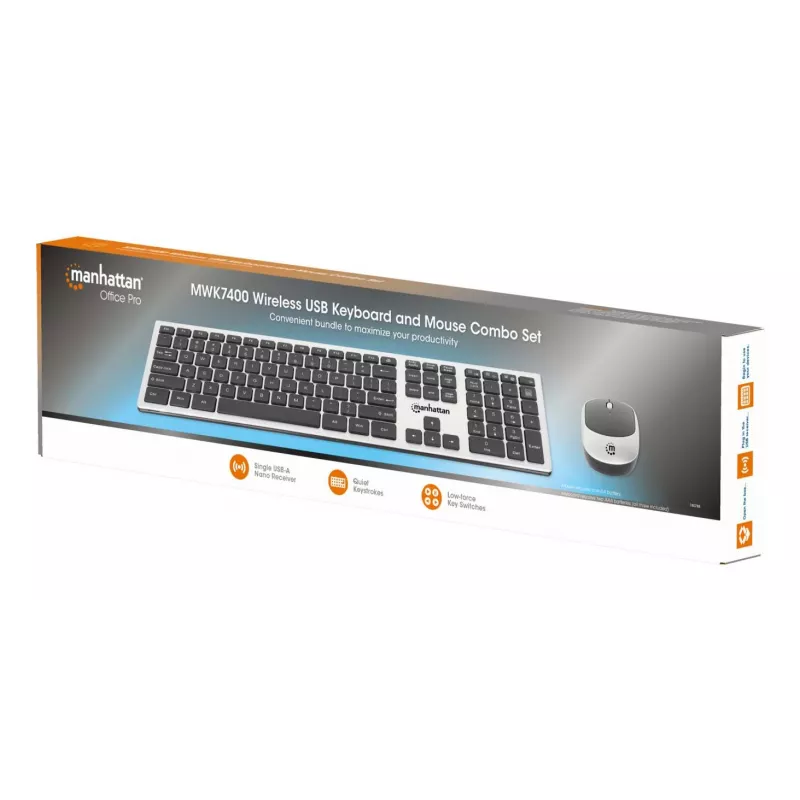 Manhattan Einzelner USB-A-Nano-Empfänger für beides, drahtlose Full-Size-Tastatur, beidhändige optische Maus mit drei Tasten und Scrollrad, 1200 dpi, Silber/Schwarz