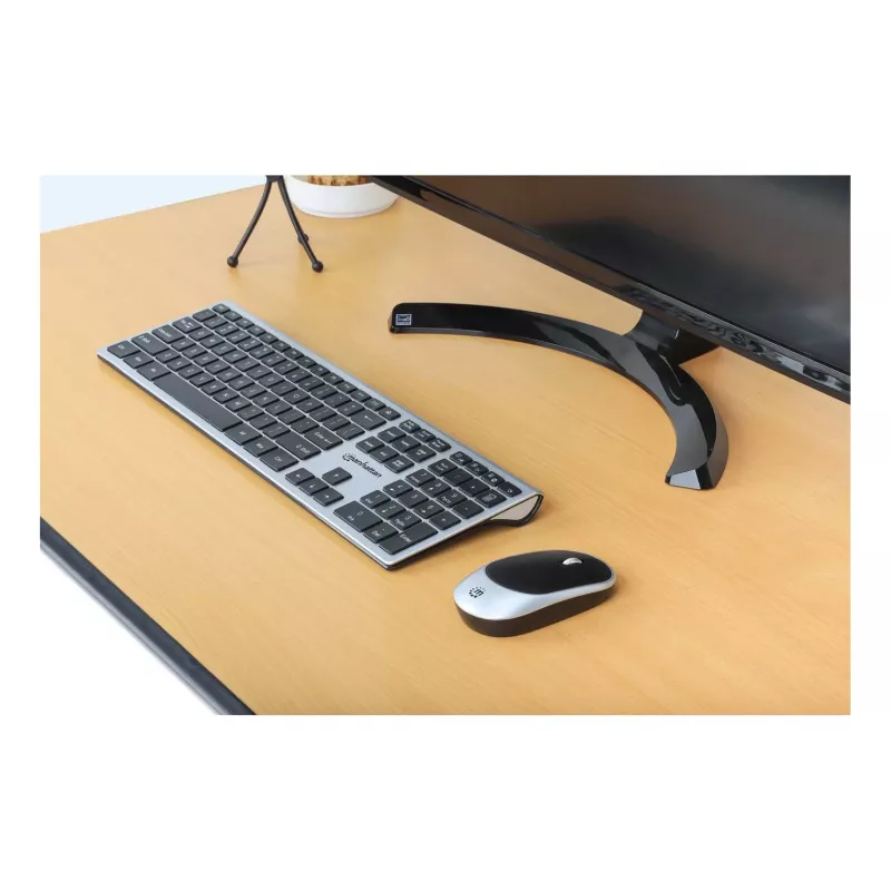 Manhattan Einzelner USB-A-Nano-Empfänger für beides, drahtlose Full-Size-Tastatur, beidhändige optische Maus mit drei Tasten und Scrollrad, 1200 dpi, Silber/Schwarz