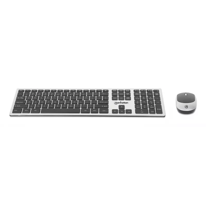 Manhattan Einzelner USB-A-Nano-Empfänger für beides, drahtlose Full-Size-Tastatur, beidhändige optische Maus mit drei Tasten und Scrollrad, 1200 dpi, Silber/Schwarz